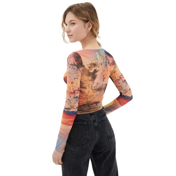 Urban Outfitters Shona Cinched Mesh Top Long Sleeve Multicolor Size Small - Picture 3 of 7